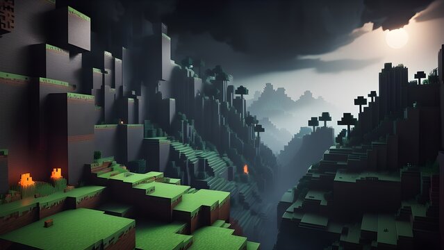 Blocky cubes inspired enigmatic dark backdrop. Generative AI.