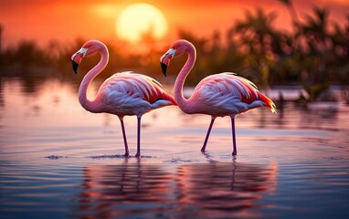 Elegant Flamingos Wading