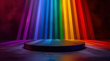 A round podium illuminated by a vibrant spectrum of holographic light colors on a dark background.