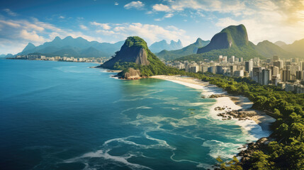 A view on Rio de Janeiro coast and mountain Sugar loaf from Corcovado mountain. - obrazy, fototapety, plakaty
