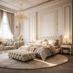 Luxurious bedroom in white colors in a classic style, with designer furniture and a canopy bed. 3D render.