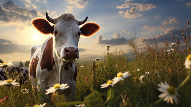 beautiful happy cow in a meadow with flowers