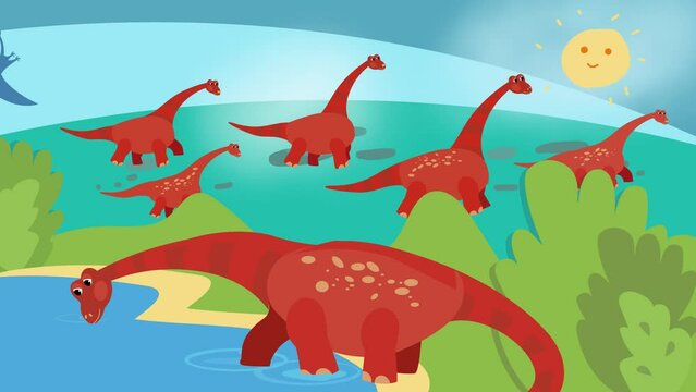 Cute cartoon flat dinosaur Diplodocus drinking water from lake. Pteranodon flying. Prehistoric times of dinosaurs. Full colour animation, 4k video for design.