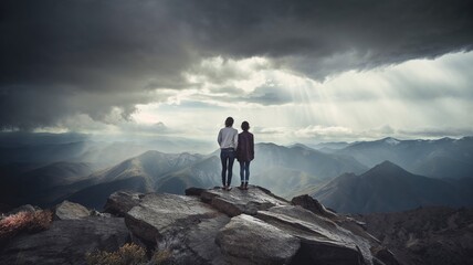 Lesbian Couple Holding Hands on Mountain Cliff Edge
