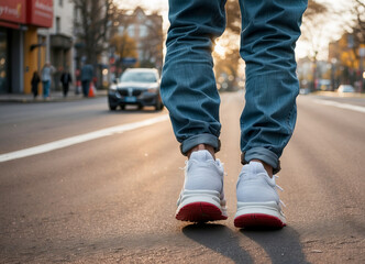 Legs in sneakers are walking on city road