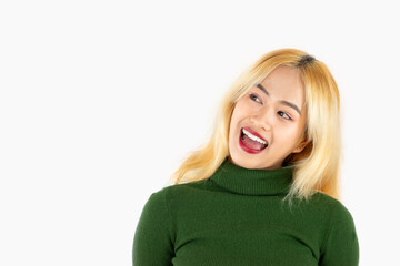Naklejka premium Portrait of young asian woman in green long sleeve t shirt posing close up emotional isolated on white background.