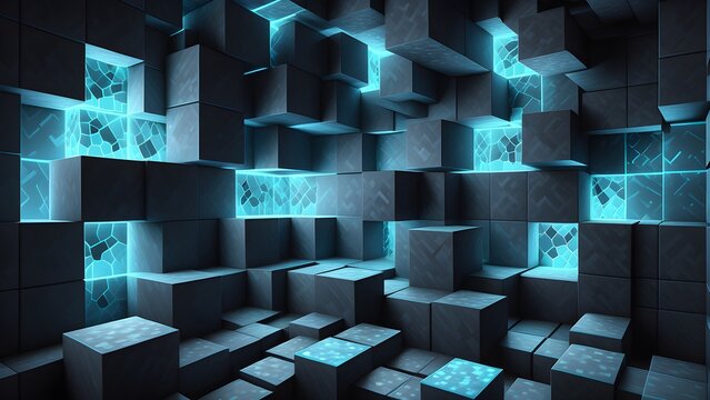 Blocky texture inspired enigmatic dark backdrop. Generative AI.