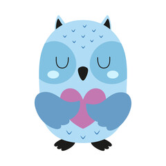 cute cartoon owl with heart on white background, concept design for cards, invitations, valentine's day cards, flat vector illustration