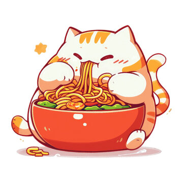 Chubby cat eating noodles cartoon image. Cute Cat Cartoon Animal