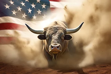  A large bull against the background of the American flag as a symbol of the state of Texas. Revolution or bullfight concept © Sunny