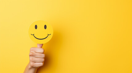 a yellow paper smiley face on a yellow background, thumbs up 