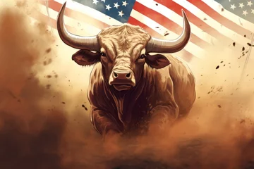  A large bull against the background of the American flag as a symbol of the state of Texas. Revolution or bullfight concept © Sunny