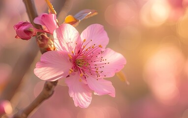 A vibrant pink peach flower blooms gracefully on a radiant spring day