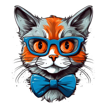 A cat with glasses and a tie. Chubby and adorable cat cartoon images