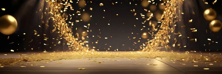 Fototapeta na wymiar A festive stage is bathed in the glow of a central light beam, with cascading golden confetti creating a celebratory atmosphere. This mockup is ideal for various events, including award ceremonies, ju