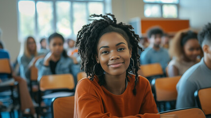 Happy black women university student attending lecture in classroom and looking at camera from back of class