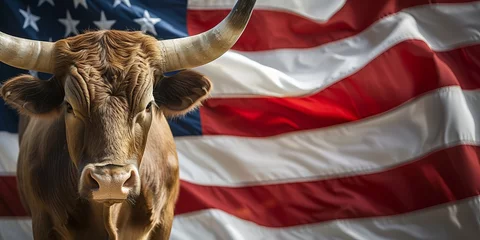 Foto op Aluminium A large bull against the background of the American flag as a symbol of the state of Texas. Revolution or bullfight concept © Sunny