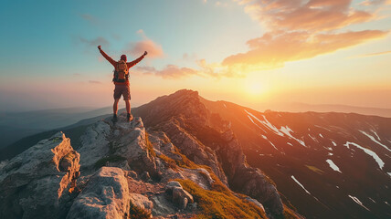 Happy man with arms up jumping on the top of the mountain - Successful hiker .celebrating success on the cliff