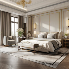 Elegant bedroom interior with large comfortable bed and sofa with dressing table and plant. 3d rendering