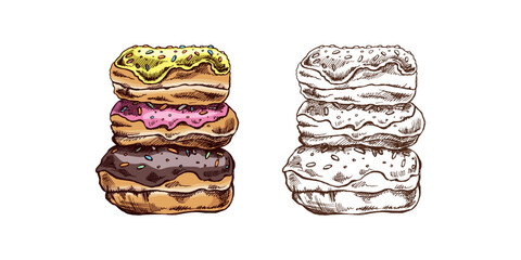 A hand-drawn colored and monochrome sketch of donuts. Vintage illustration. Pastry sweets, dessert. Element for the design of labels, packaging and postcards.