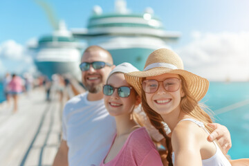 Photo of family in port with cruise ship - obrazy, fototapety, plakaty