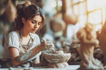 Photo of happy artist making in clay - Powered by Adobe