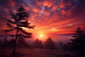 Fototapeta premium Landscape of pine trees on the top of mountain at sunrise.
