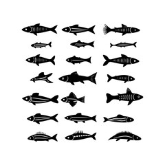 Fishbone black silhouette. Different types of fish bone clip art collections and vector illustration