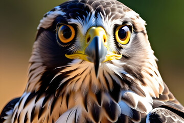 Close up of an eagles head with a yellow beak and piercing eyes