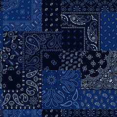 Blue bandana kerchief paisley fabric patchwork abstract vector seamless pattern for scarf kerchief shirt fabric carpet rug tablecloth pillow - 724587574