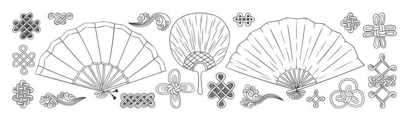 Chinese fans set. Asian doodles. Asia culture symbols. Japanese fan doodle. Chinese lucky knot charm amulet. Chinese New Year decoration. - obrazy, fototapety, plakaty