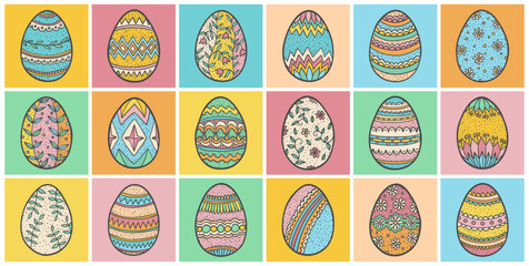 Easter eggs doodle set. Spring holiday symbol. Egg ornament sketch. Hand drawn retro style easter doodles. Easter eggs ornament sketch.
