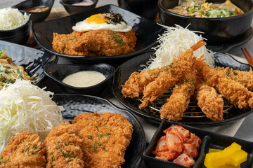 Harekatsu, pork cutlet, shrimp cutlet, kimchi fried rice, kimchi, cheese katsu, udon, roskatsu, fish cutlet, side dish, sauce, cabbage