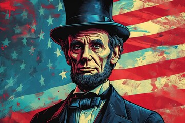 Cute President's Day Cartoon, flat design Abraham Lincoln with united states flag and blue red white hat color