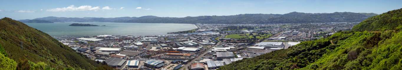 Fototapeta na wymiar Aerial view over Lower Hutt. New Zealand. Wellington harbour. Panorama.