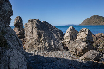Rocks at Makara Beach. Ohariu Bay. New Zealand. Wellington area. 