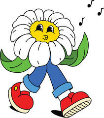 Vector illustration of a positive flower character walking and whistling, singing a song isolated on white in cartoon style