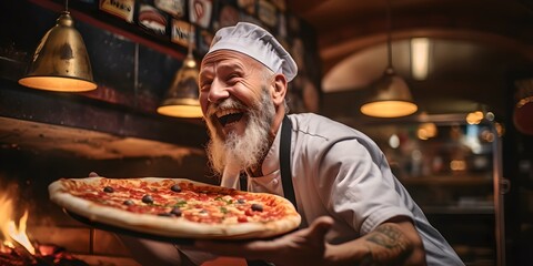 Joyful elderly chef presents a freshly baked pizza in a cozy restaurant kitchen. pride in culinary creation captured. AI