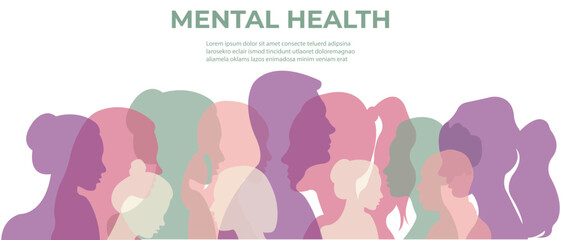 Mental health banner.Flat vector illustration with silhouettes of men and women.