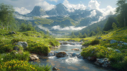 A mountain range view, romantic riverscapes, high detailed, realistic landscapes with soft edges