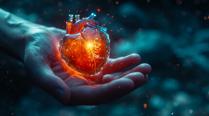 Glowing human heart in hands