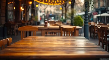 Fototapeta na wymiar Elegant wooden table in restaurant with blurred bokeh background. Vintage cafe ambiance with cozy interior design. Abstract business setting in pub with retro decoration perfect for dining