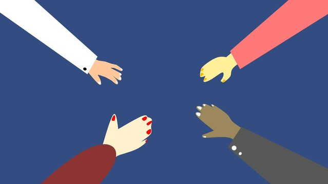 Animated illustration of a diverse group of business people joining hands in unity, teamwork, success in collaboration to achieve goals