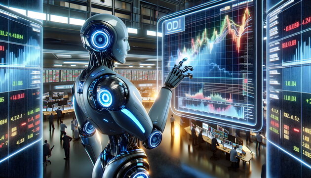 humanoid robot hand touch screen in stock exchange, on the display is chart graph