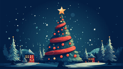 Christmas tree with red balls and star in the night. Vector illustration EPS 10