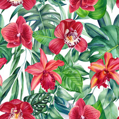 Naklejka premium Tropical exotic leaves palm, orchid flowers and plants, floral background. Seamless pattern, watercolor summer wallpaper