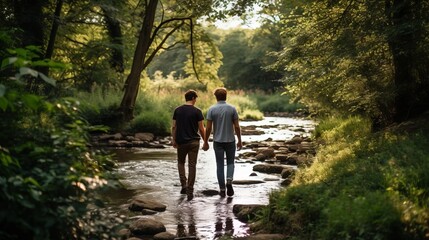 Obraz premium A rear view of a gay couple strolling along the river holding hands. A romantic date for men in love.
