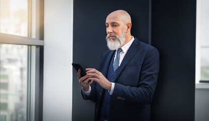 Portrait corporate d'un homme d'affaires senior très élégant portant un costume et la barbe bien taillée dans un bureau et qui passe un coup de fil avec son téléphone portable