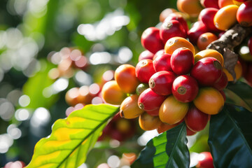 ripe coffee fruits on a tree at a coffee plantation close-up