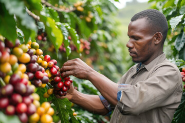 Naklejka na ściany i meble black man picking ripe coffee fruits on a plantation